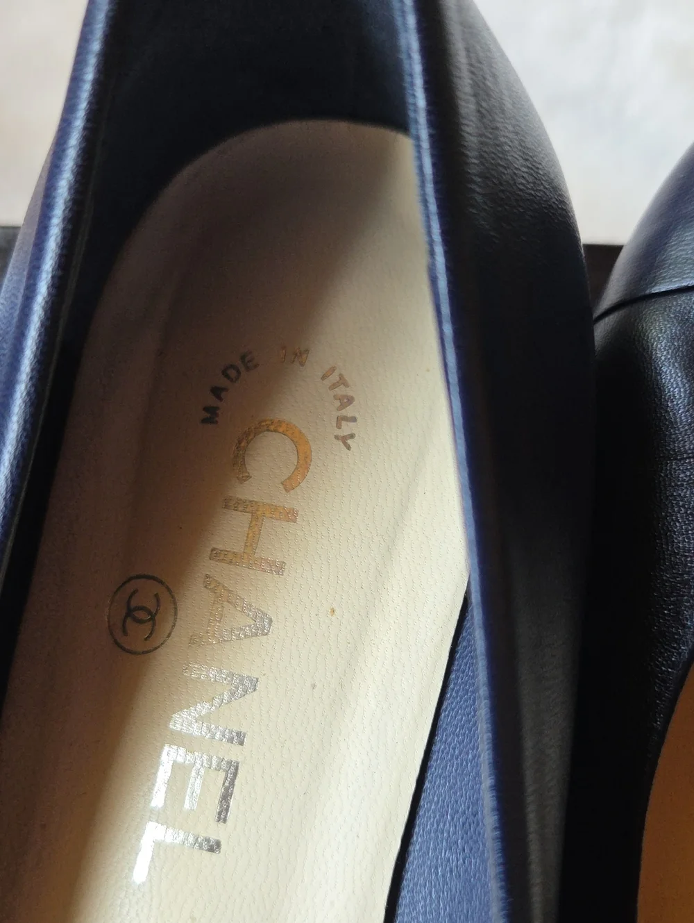 CHANEL Navy Leather Camellia Ballet Flats